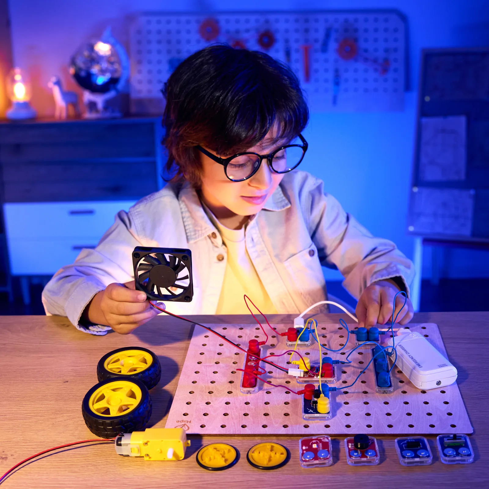 A child building a lit circuit on the Labbox board in a darkened room
